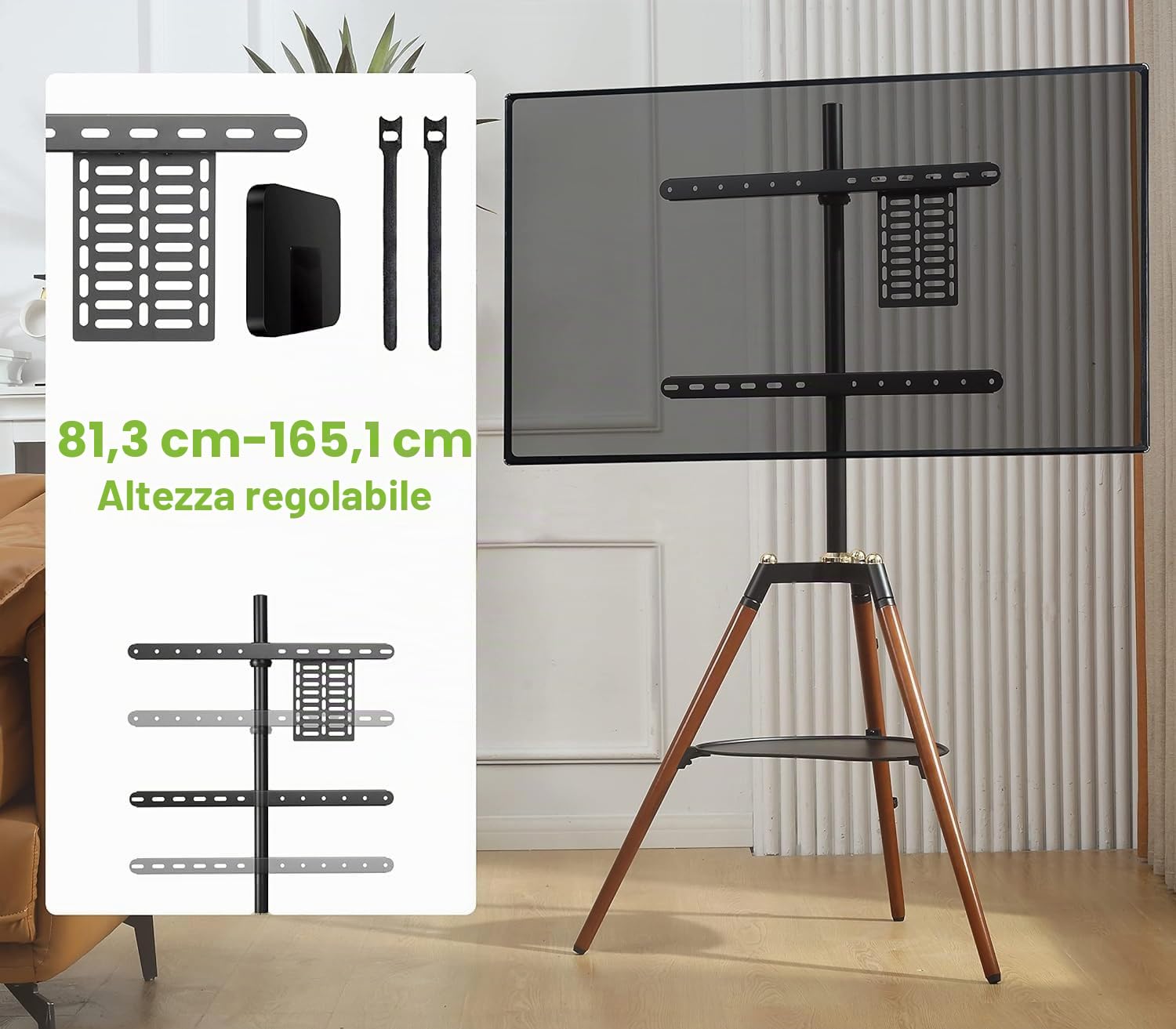 Techly 368239 Supporto a Pavimento Cavalletto Tripod per TV LCD/LED/Plasma 32-65" con Mensola Noce Scuro