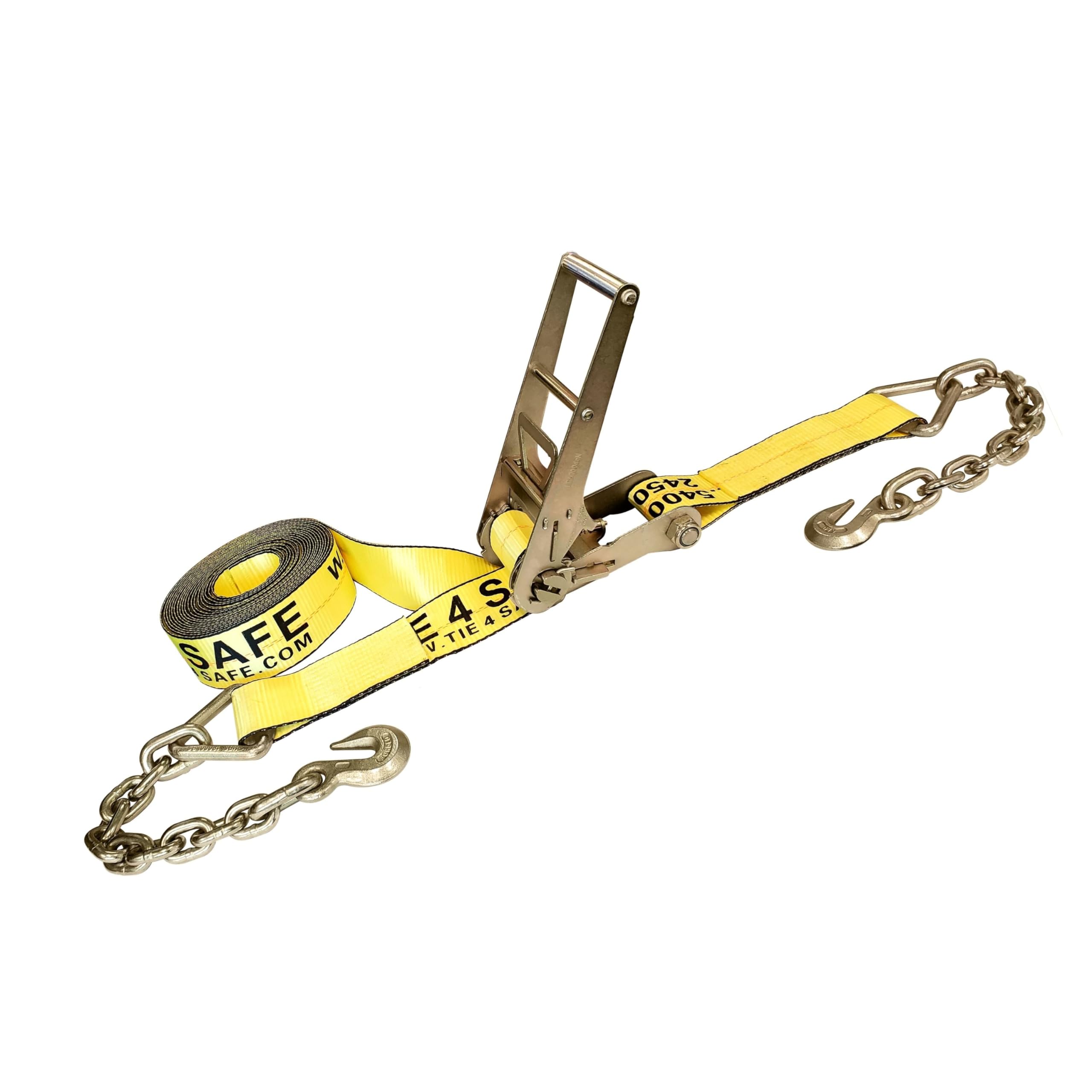 Mega Cargo Control Pasek mocujący z grzechotką 7,6 cm x 30' z przedłużkami łańcuchowymi i hakami widełkowymi do przyczepy, platformy i ciężarówki WLL: 2,4 kg (1 opakowanie)