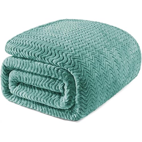 Exclusivo Mezcla King Blanket for Bed, Cozy Lightweight Fleece Blankets with Decorative Wave Textured Suitable for Winter, Celadon, 90x104 Inches