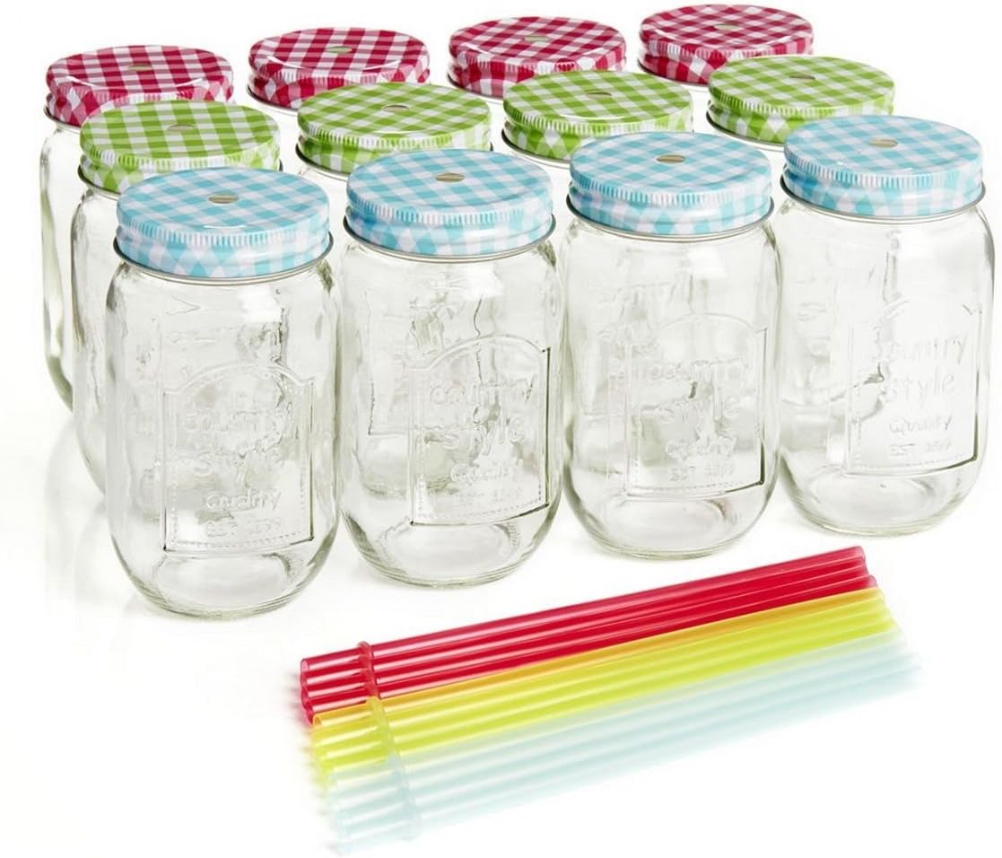 Set of 12 Glass Jam Drinking Jar Mug With Plastic Straw & Lid