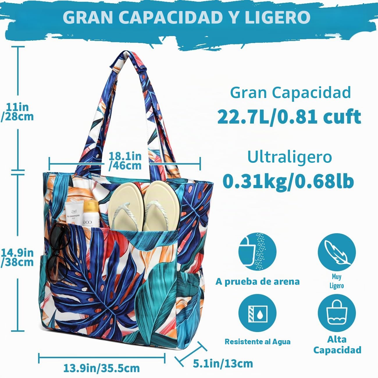 Bolso Playa Mujer, Bolsa Playa Grande XXL Familiar Bolsa de Viaje Impermeable Bolso de Mano Verano Plegable Bolso Shopper Beach Tote Bag para Playa/Viajes/Diario, Hoja Palma