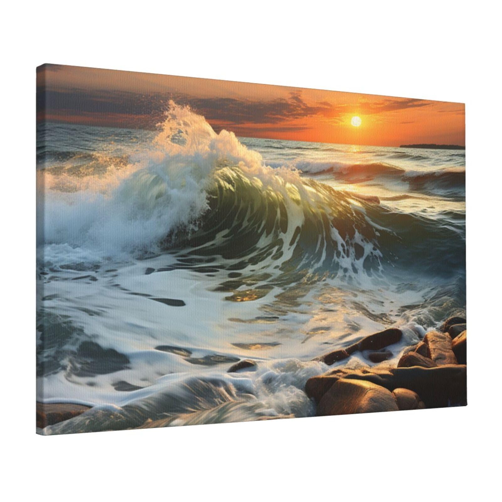 Canvas Wall Art for Living Room Wall Decor 16"x24" Modern Artwork Painting Pictures Hanging Canvas Prints Rocky Wave Sunset Painting Aesthetic Wall Art for Bedroom Bathroom Office Wallart Decor