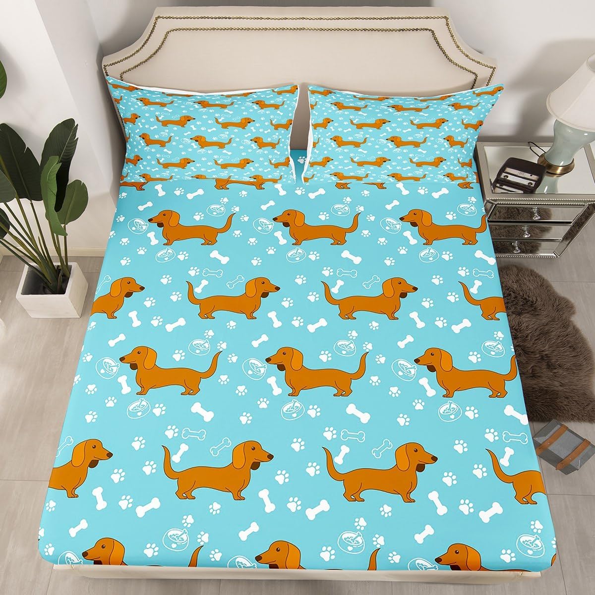 Cute Dogs Bed Sheet Set King Size,Bones Paw Print Cartoon Sketch Deep Pocket Fitted Sheet,1 Flat,2 Pillowcases,Kawaii Dachshund Puppy Pet Blue Bed Mattress Cover, Bedroom Decor