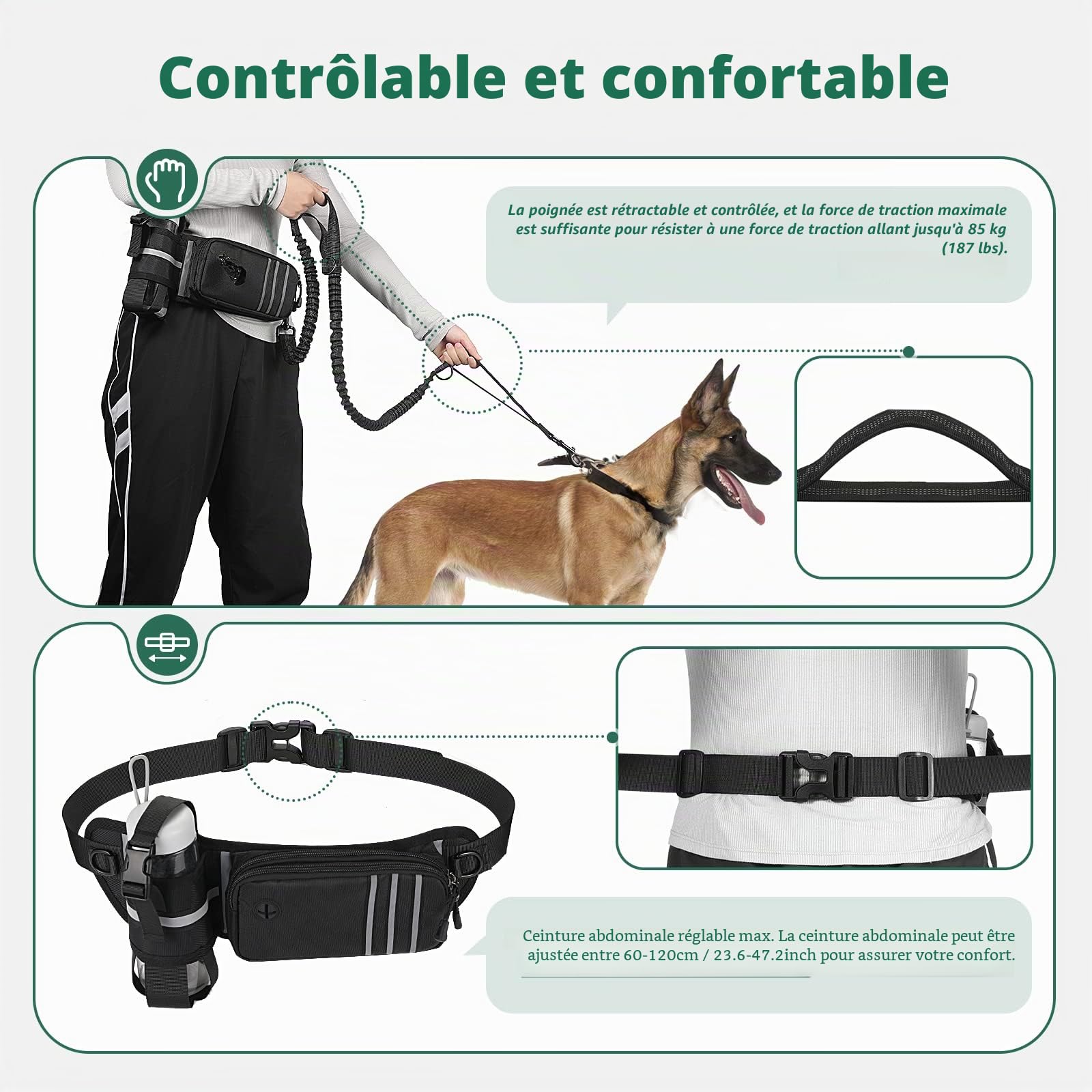 Laisse pour Chien Mains Libres avec Sac de Ceinture, 140-200 cm Laisse Chien de Course, Ceinture Réglable pour la Marche l'Entraînement la Randonnée - Noir
