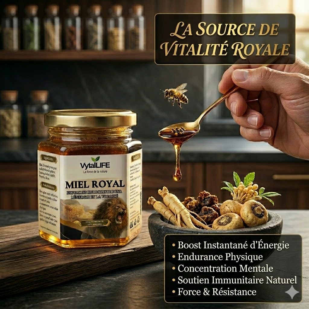 VytalLIFE Miel à la Gelée Royale, Ginseng & Maca - Miel Aphrodisiaque d'Eucalyptus 100% Pur 250g - Enrichi en Propolis, Pollen d'Abeille - Énergie & Vitalité - Booster Testosterone Homme Naturel