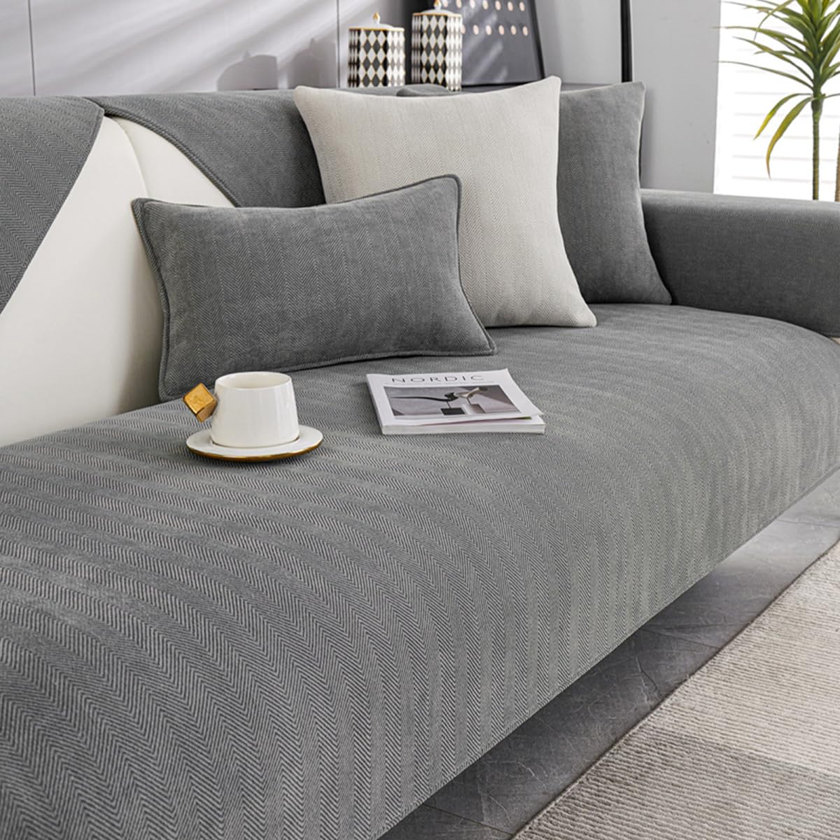 Tielag Couch Überzug, Sofa Überzug, Sofabezug l Form, Sofadecken für Sitzfläche, Sofaschoner rutschfest, für Wohnzimmer, Sofaüberwurf Ecksofa, Grau-R, 70 x 180 cm