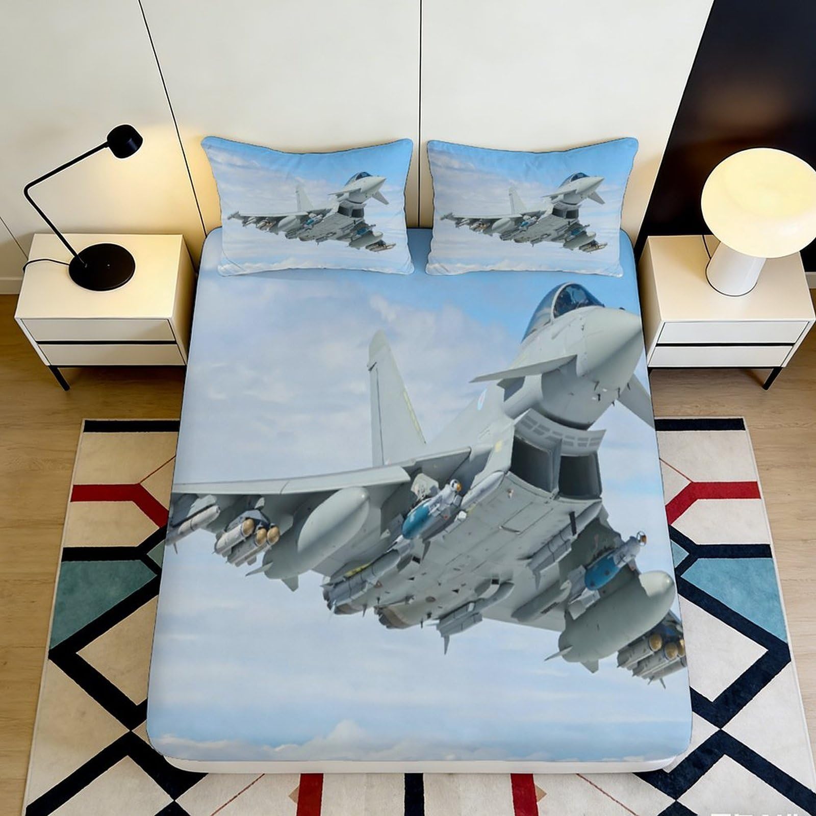 3D Printed Fighter Jet Fitted Sheet Microfiber Soft Breathable Sky Blue Aircraft Bed Cover for Bedroom Dorm Mattress Decor 90x200x25cm