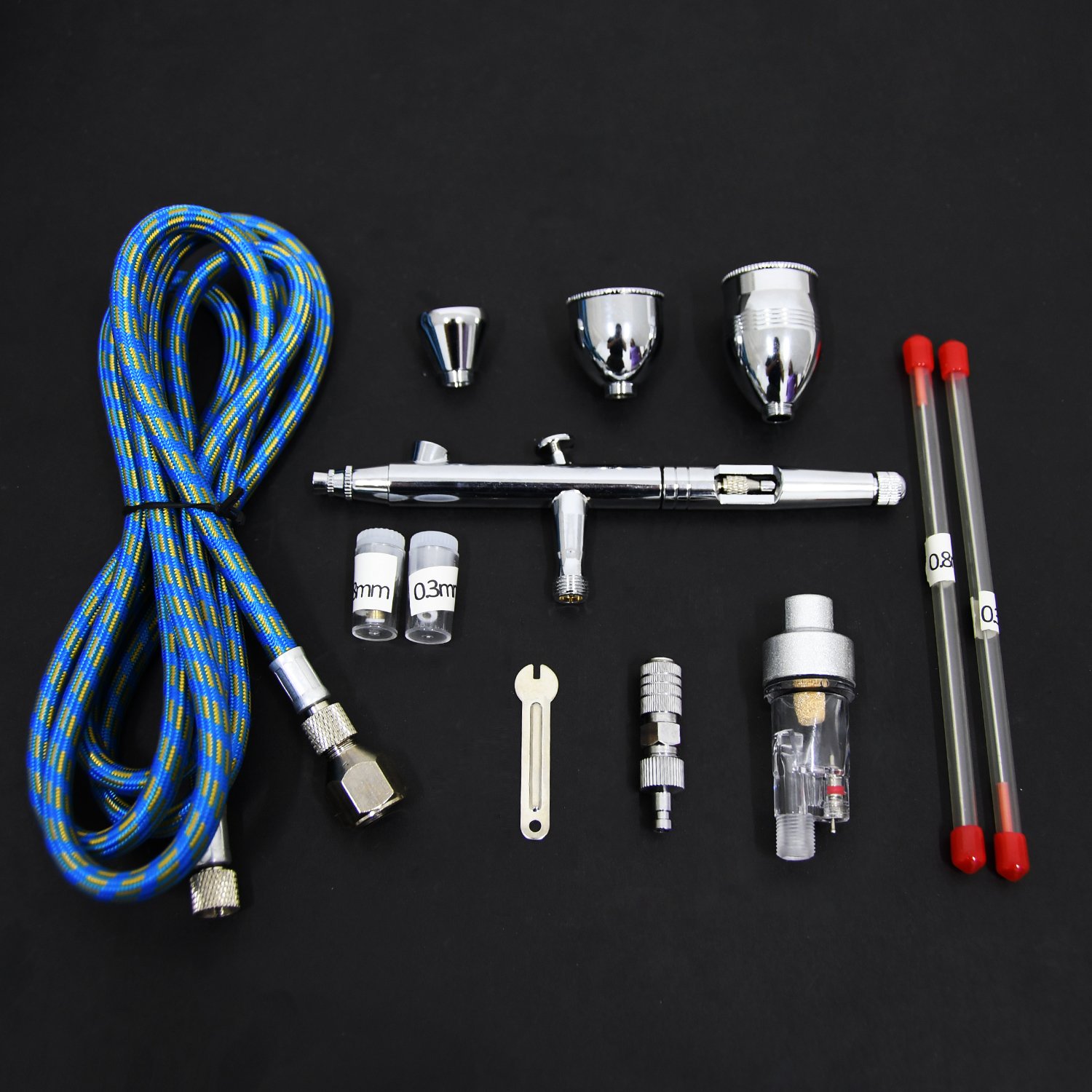 Profi Airbrush Pistole Set 0.3mm 0.5mm 0.8mm, Doppeltwirkender Externe Einstellung, Miniaturpinsel für Kunst Malerei Tattoo