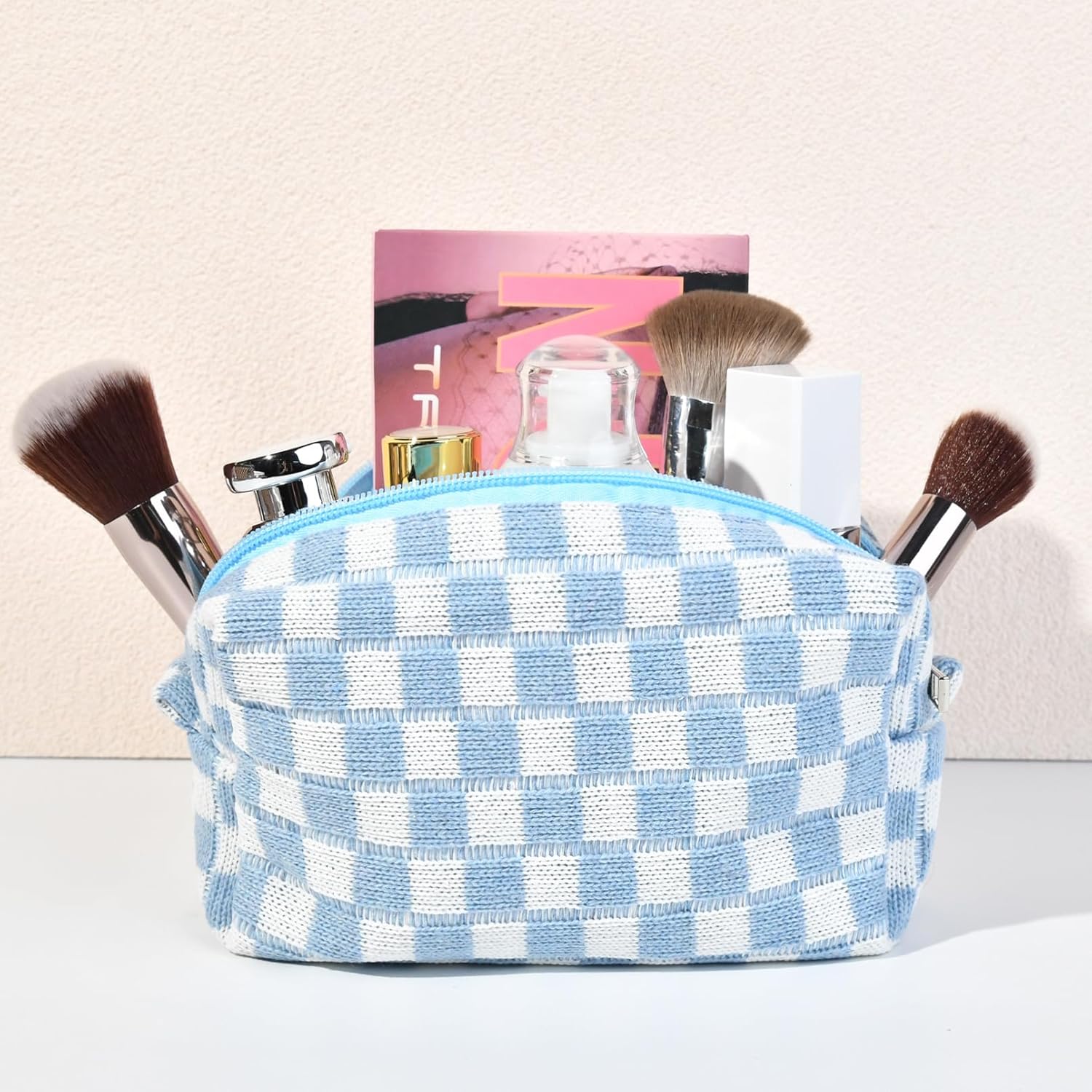 SOIDRAM 12PCS Checkered Makeup Bag Preppy Cosmetic Bag Bulk Blue Makeup Pouch Personalize Travel Toiletry Bag Organizer Cute DIY Makeup Brushes Storage Bag for Women