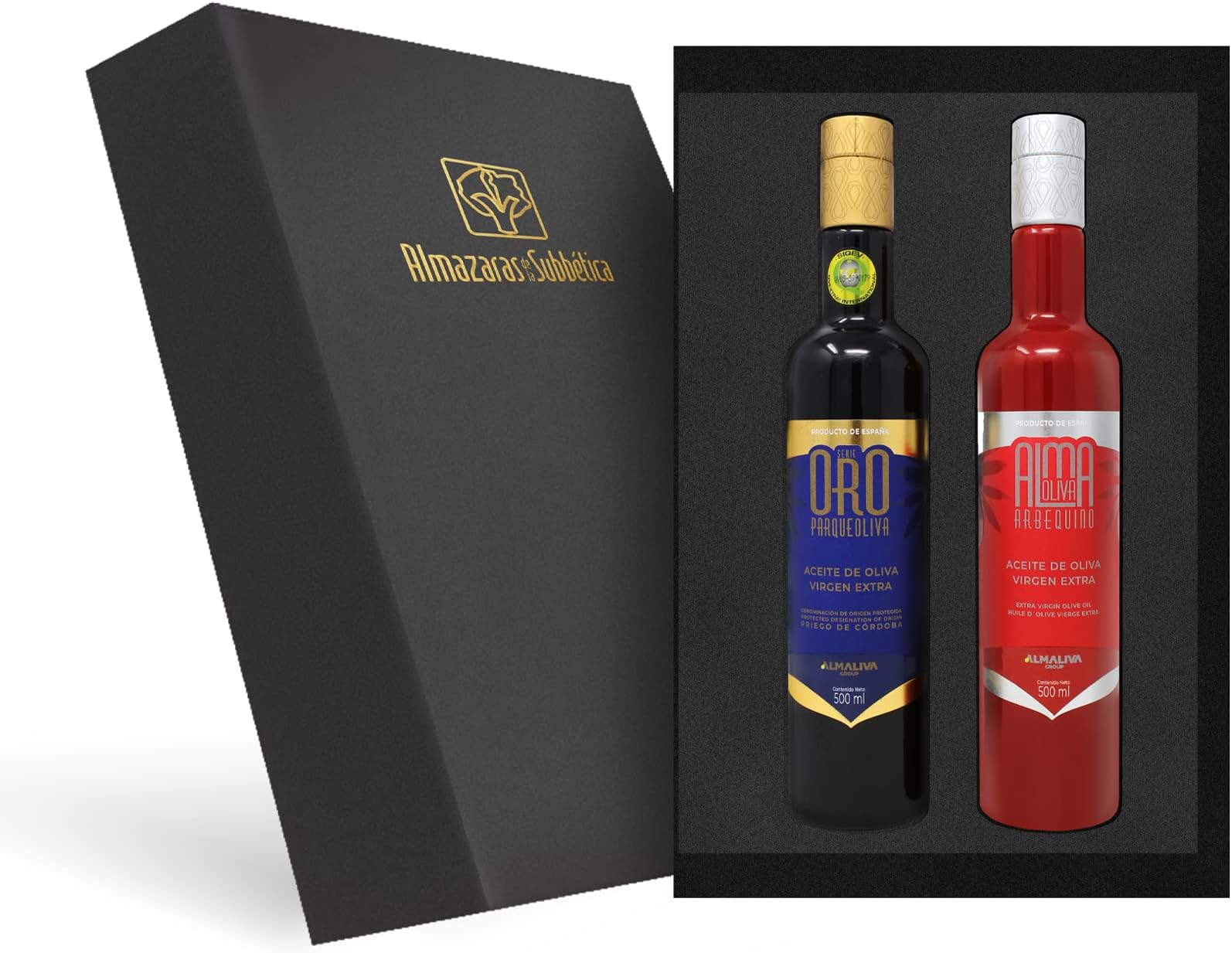 ParqueolivaGold Series (Serie Oro) 500 ml and Almaoliva Arbequino 500 ml with black case - Extra Virgin Olive Oil