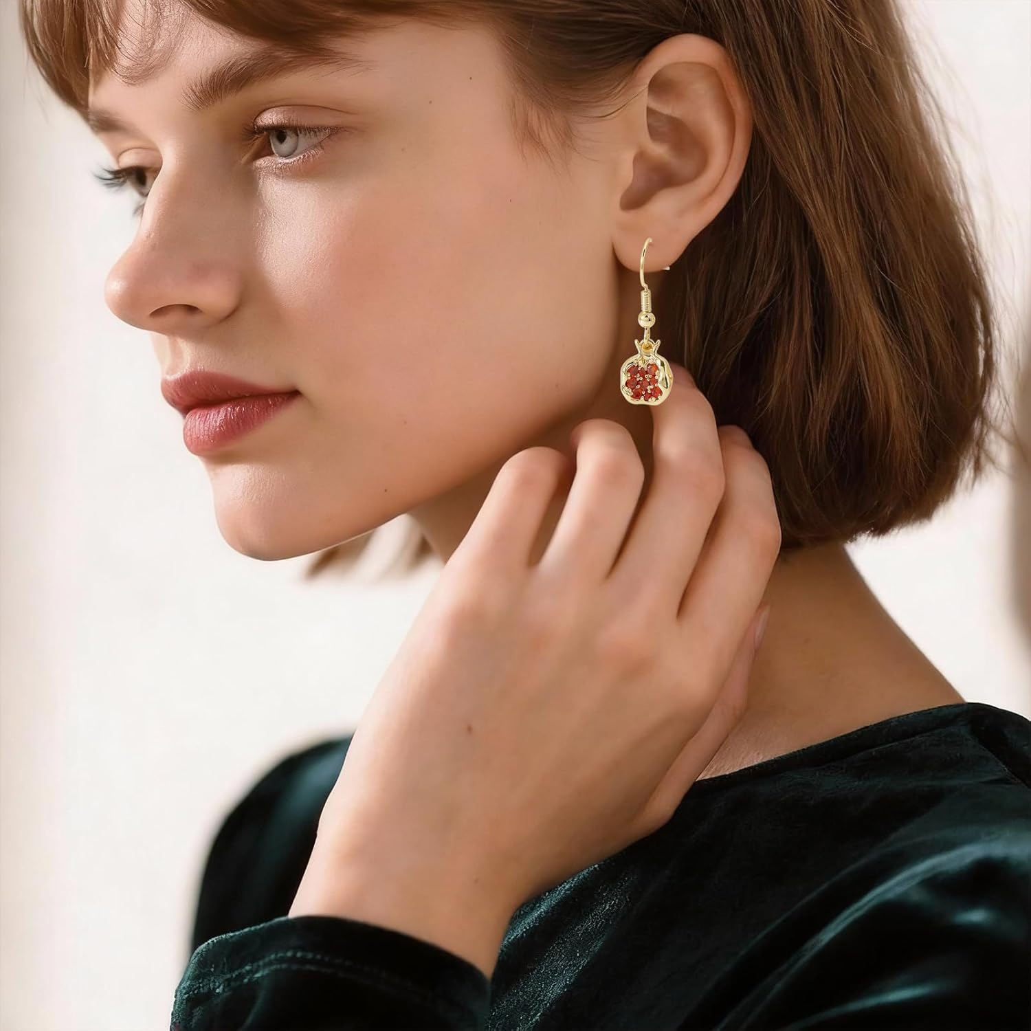 Gold Plated Pomegranate Hoop Earrings for Women,Elegant Cubic Zirconia Inlaid Copper Earrings,Irregular Steric Red Pomegranate Fruit Pendant Earring,Vintage-Inspired Statement Jewelry Gifts - Image 4