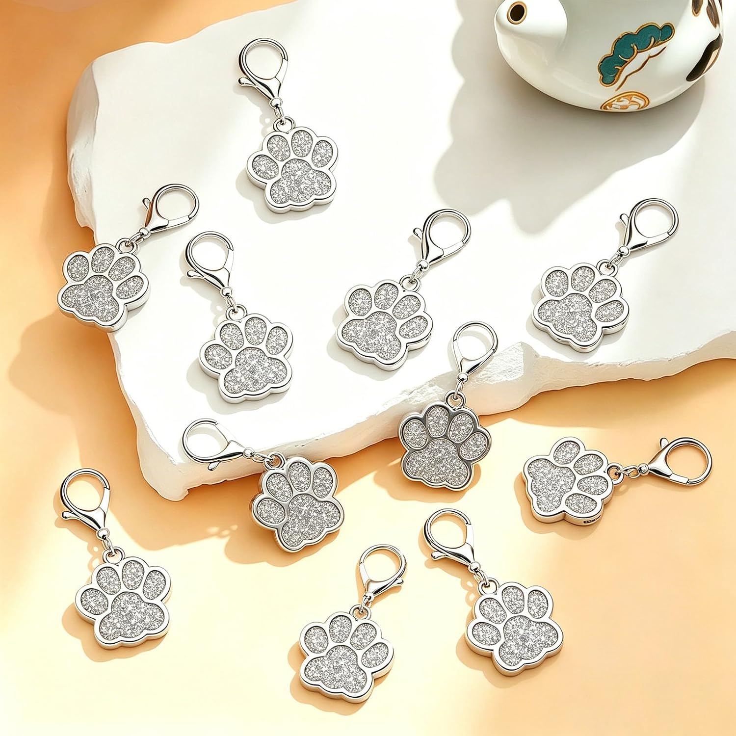 WCRAZYE 9Pcs Paw Print Keychains for Women Glitter Enamel Alloy Cute Animal Pet Dog Paw Footprint Keyring Pet Memorial Gifts image 2
