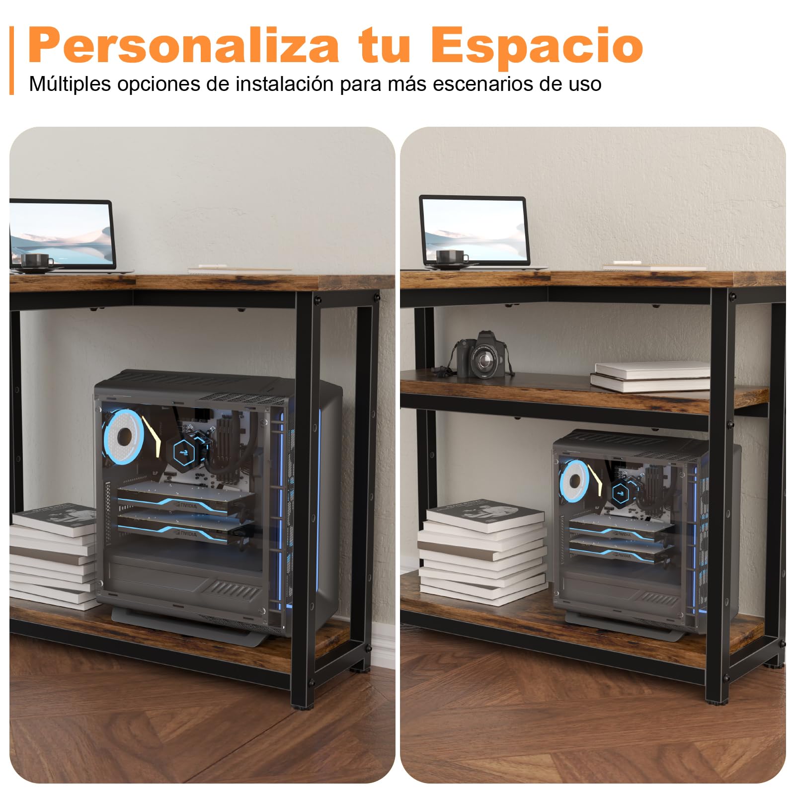 TRIUMPHKEY Escritorio Esquinero en L de 160x80 cm con Almacenamiento, Escritorio de Esquina con Estante Reversible, Estable Mesa Ordenador en L para Oficina, Estudio o Secretaría, Marrón