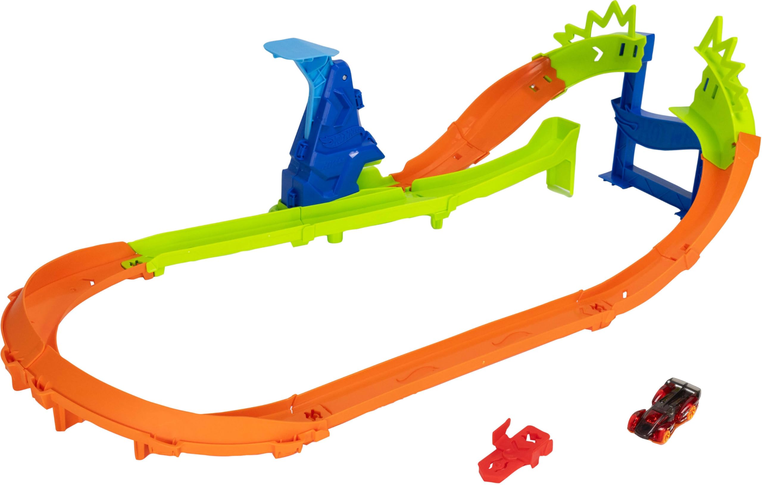 Hot Wheels Toy Car, Stunt Tracks Jump Circuit Speedway with 1:64 Scale Die-Cast Vehicle, 180-Degree Curve with 3-Inch-High Incline & Gap for Jumping, JHK74