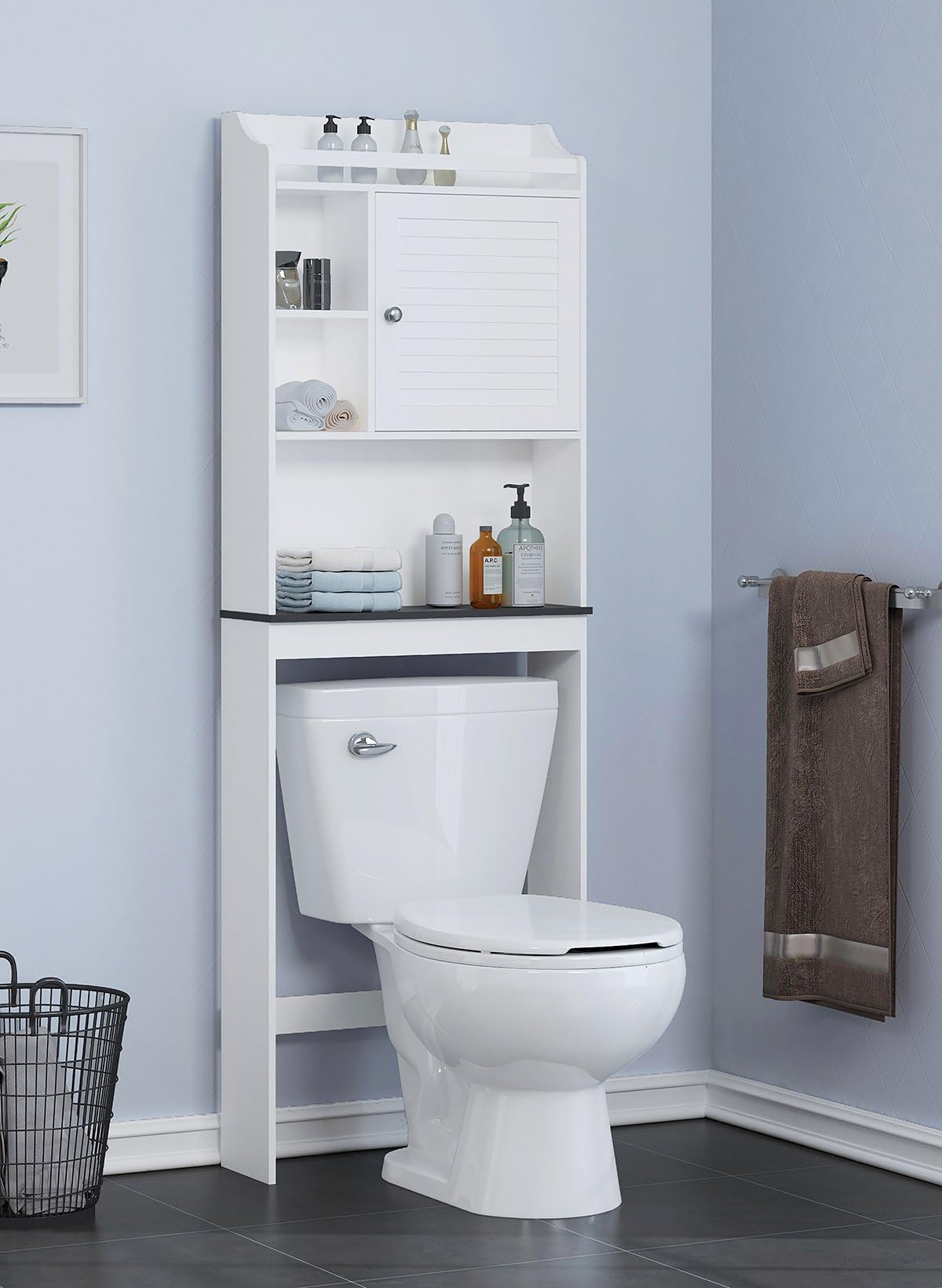 Spirich Home Bathroom Shelf Over The Toilet, Bathroom Cabinet Organizer Over Toilet with Louver Door,White (Black Shelf)