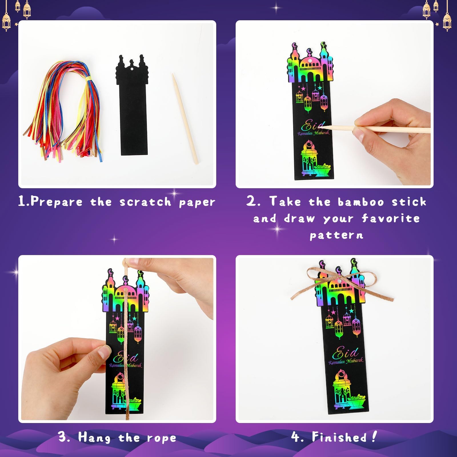 JUNEBRUSHS 30Pcs Ramadan Crafts, Rainbow Magic Ramadan Scratch Bookmarks for amadan Gifts Eid School Classroom Activities Ramadan Arts and Crafts Eid Party Favors