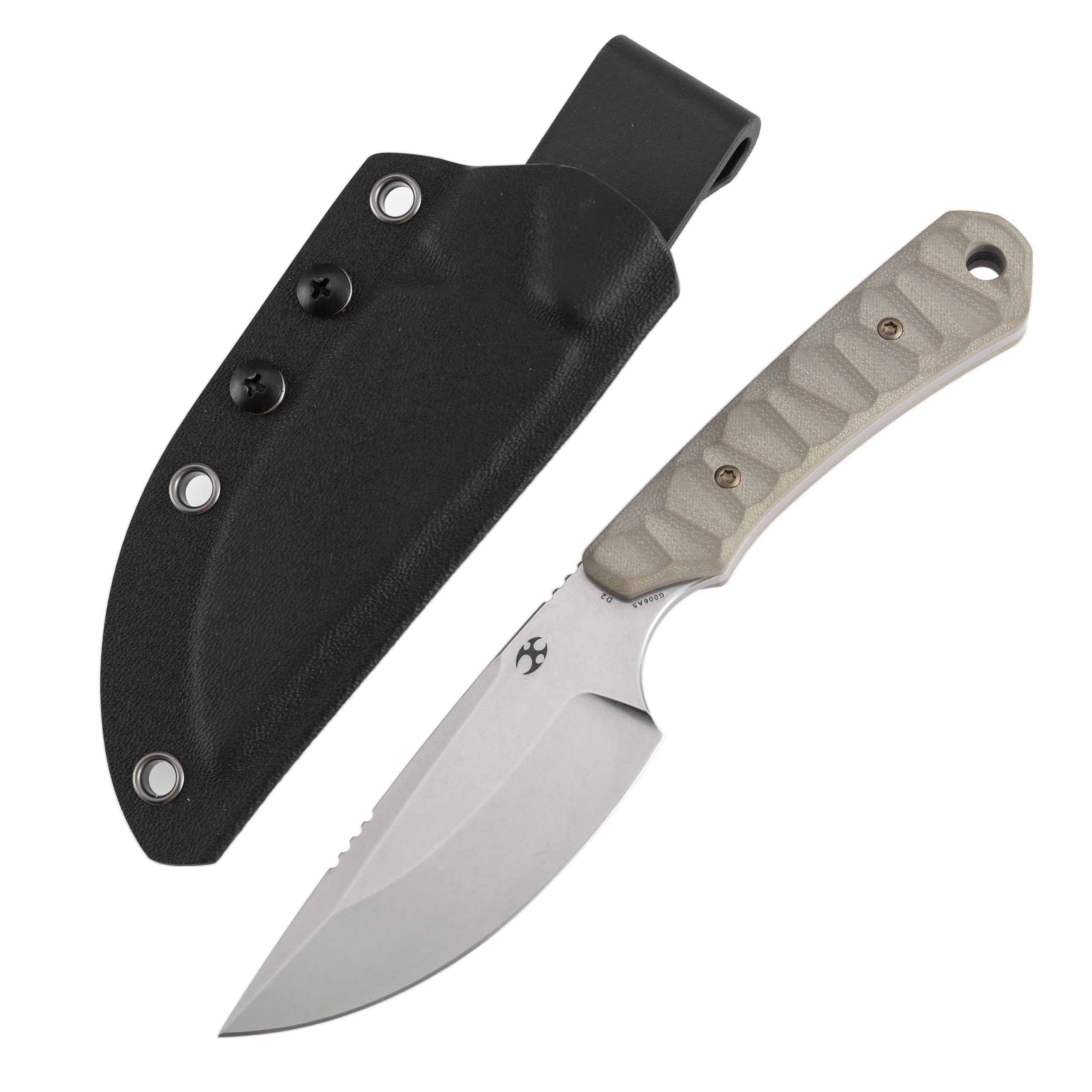 KANSEPT Flank Fixed Blade Knife, 3.69" Stonewashed Sharp D2, Light Sand G10 Ergonomics Handle, Adjustable Kydex Sheath for EDC Hunting Survival Camping G006A5