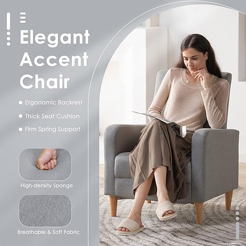 Miniatura 19 de COLAMY - Sillón moderno con cojín para sala de estar, sofá individual y auxiliar para ocio y lectura, tapizado en tela con patas de madera, color