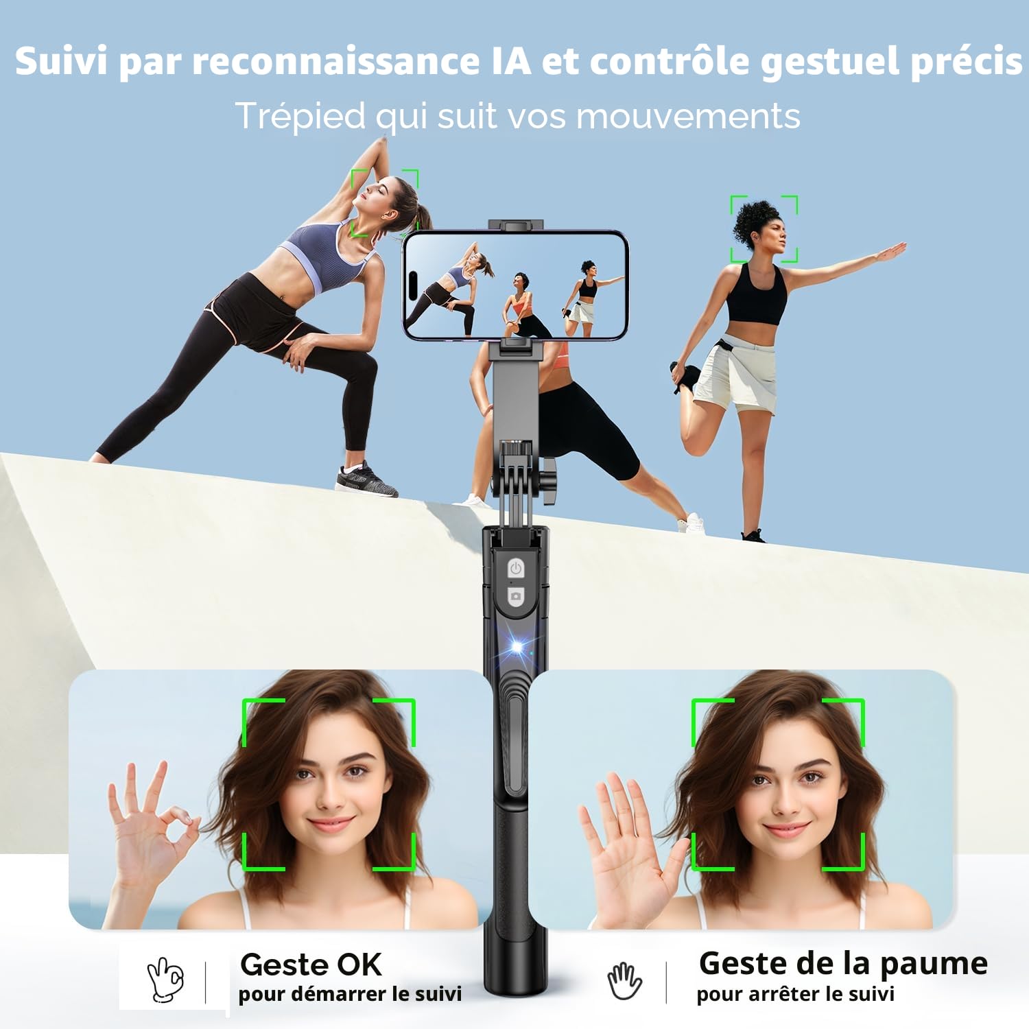 yAyusi Trépied de Suivi Automatique du Visage Rotatif à 360° avec Support, 180cm Support de Trépied avec Capteur, sans App, Contrôle Gestuel, Trépieds Perche à Selfie Intelligentt pour Vidéo/Direct
