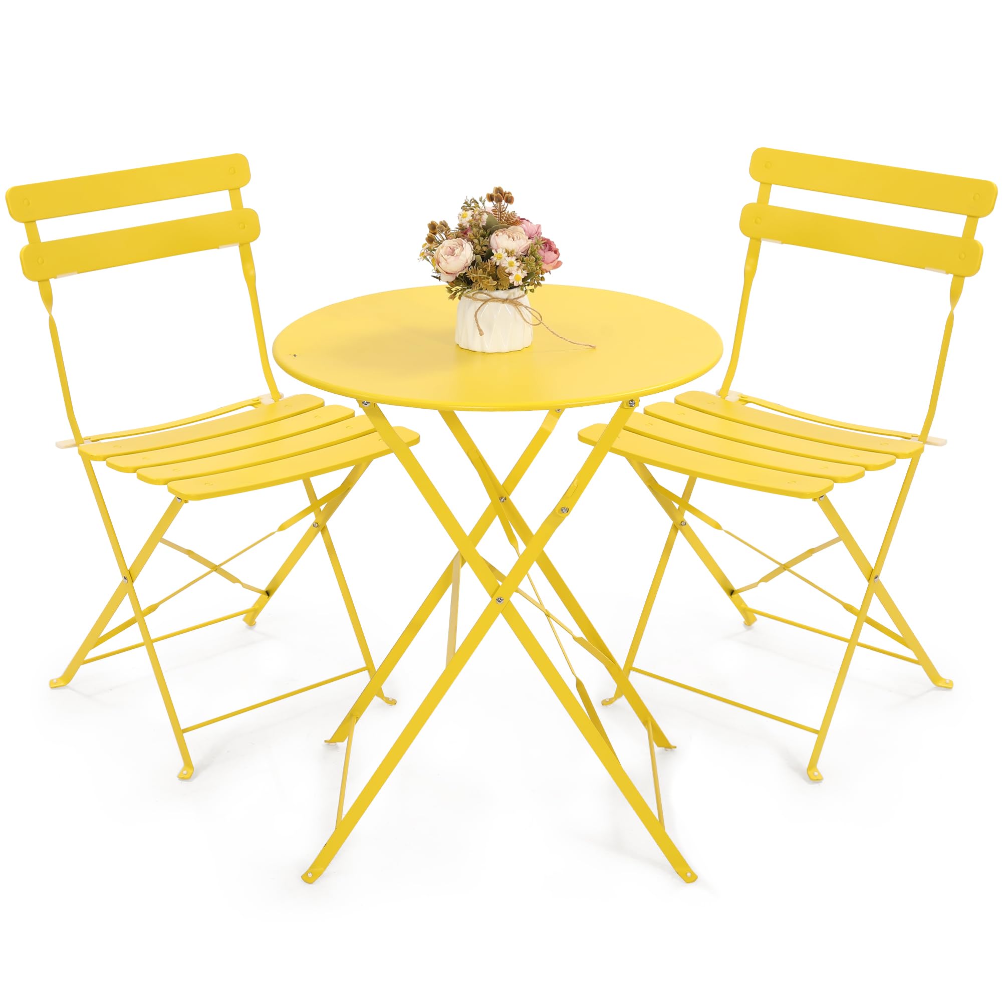 Kromax Outdoor 3 Piece Patio Bistro Set, Folding Bistro Table and Chairs Set of 2, Space Saving, Foldable Coffee Tables for Balcony or Garden, Yellow