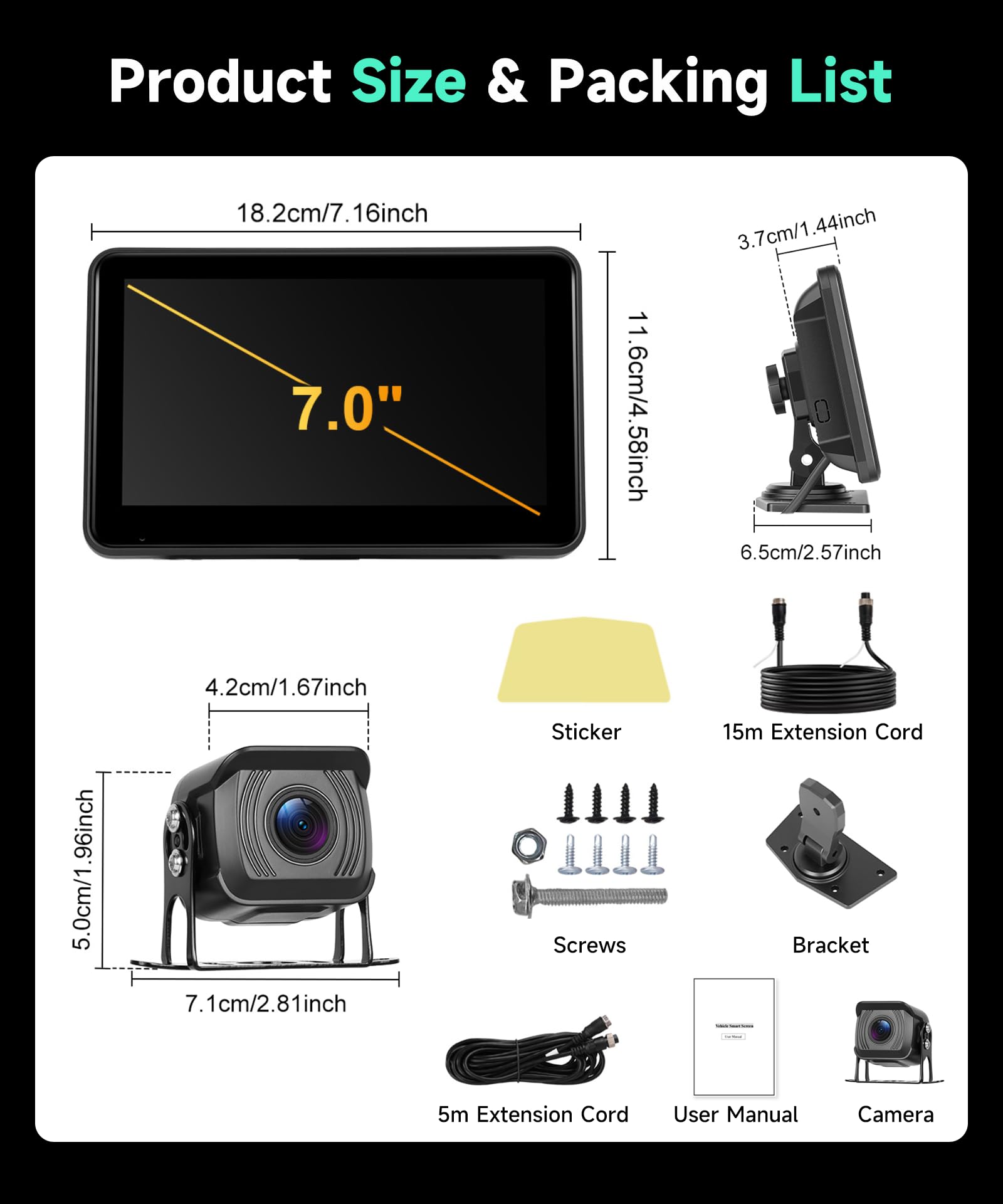 Kamera cofania 7" IPS HD 1080p kolorowy monitor i 2 kamery, kamera cofania z rejestratorem DVR, widoczność w nocy, ostrzeżenie o martwym kącie, USB/TF, wodoszczelna kamera do samochodów ciężarowych