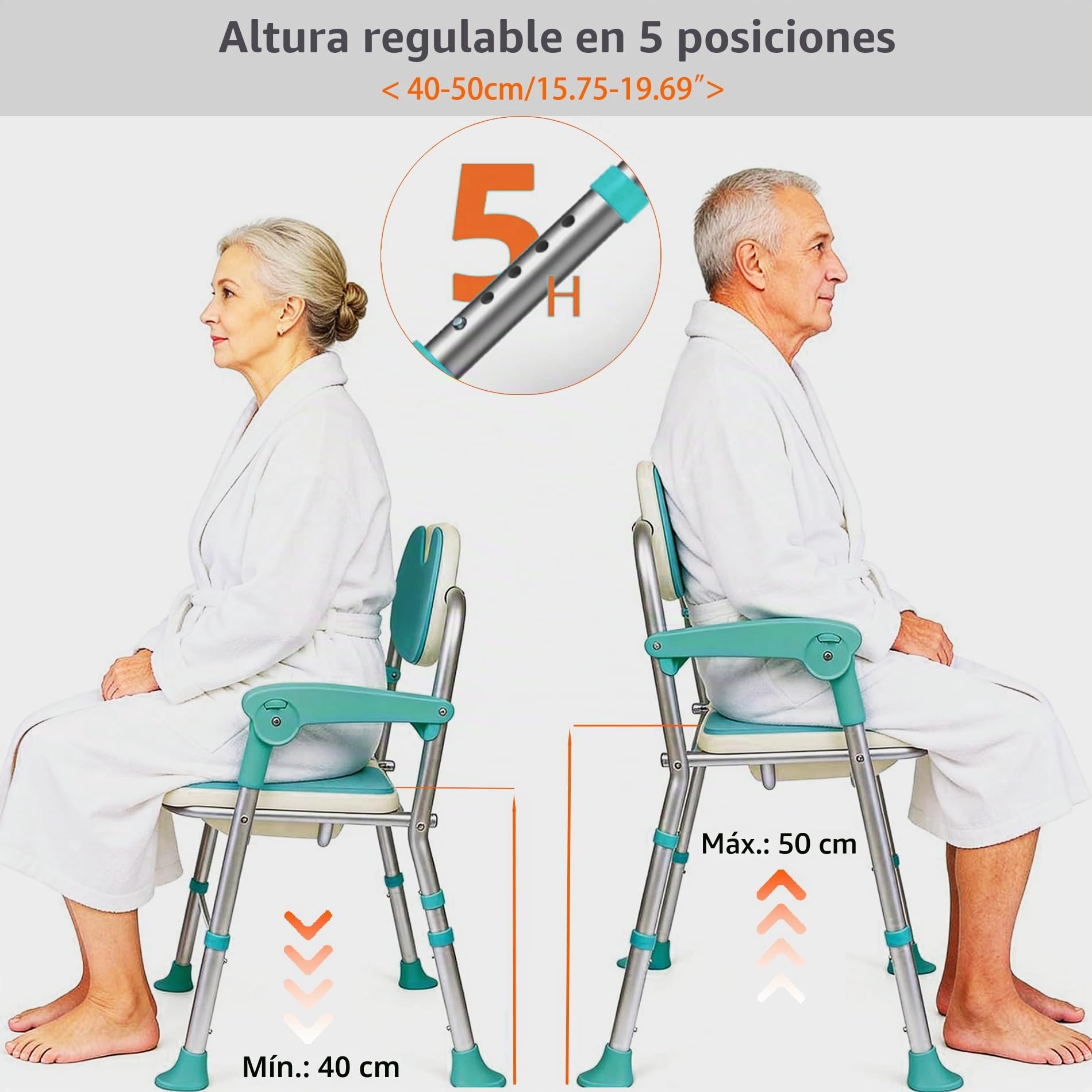 Silla de Ducha Plegable para Personas Mayores, Discapacitados y Embarazadas | Asiento 3D para Higiene Íntima | Antideslizante | Altura Ajustable | Respaldo y Reposabrazos, Capacidad 150 kg
