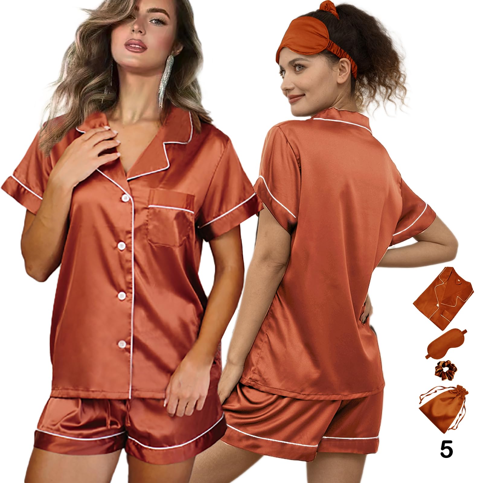 WJing Yi Jia 5Pcs Womens Soft Satin Pajama Set XS-4XL Button-Down Silk Pajamas Floral Sleepwear Bridal Pjs Lounge Pj Sets