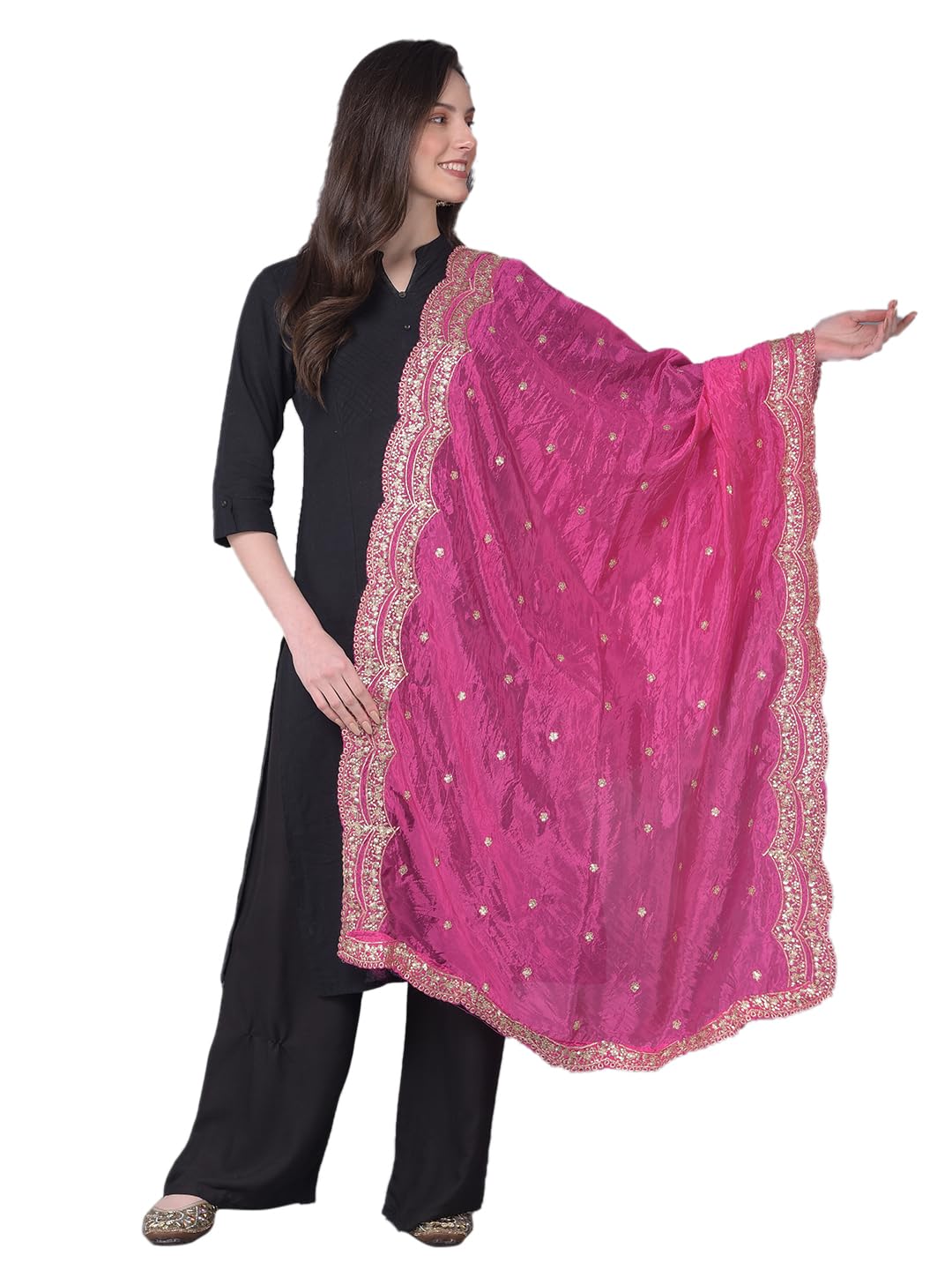 a r silk dupatta hub Women's Pink Gold Zari Work Embroidered Cutwork Fancy Dupatta(ARS0980)-picture-30