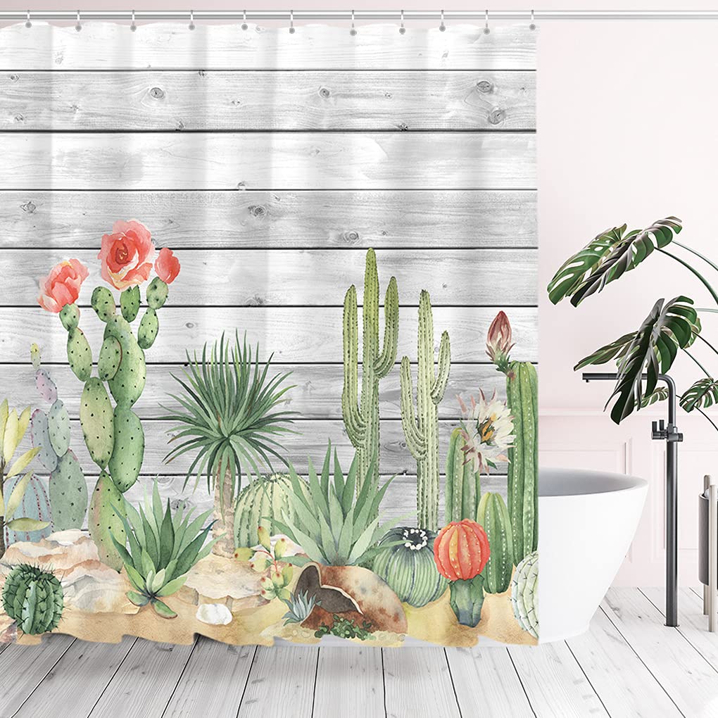 Tititex Succulent Cactus Wooden Shower Curtain Sets, Vintage Tropical Eucalyptus Plant Bathroom Decoration 70x70 Inch with Hooks