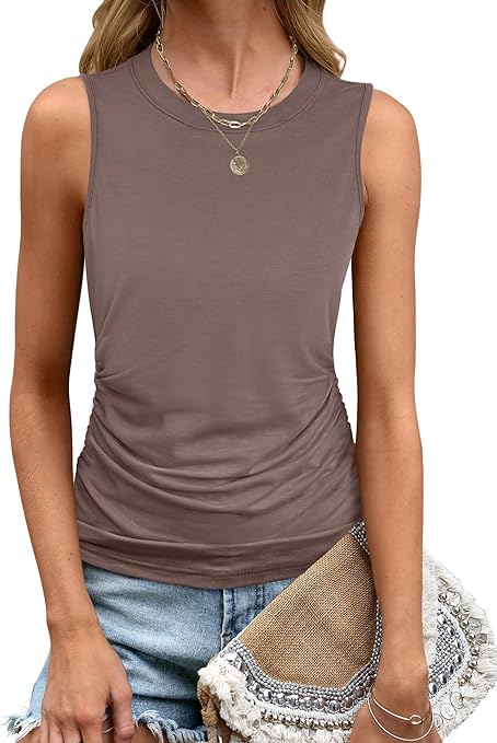 ANRABESS Tank Top for Women Casual Loose Fit Sleeveless Crewneck Ruched Basic Tee Shirts 2025 Summer Trendy Outfits