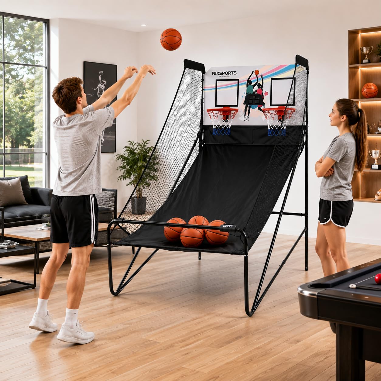 Canasta Doble Arcade Infantil Plegable con Marcador electrónico y Sonido – Panel Inteligente, Acero Reforzado, Red Nylon Resistente, Retorno balón, Interior