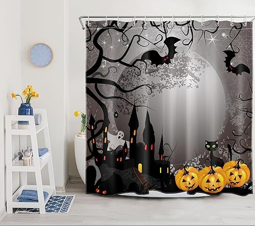 Miniatura 8 de EOBTAIN Cortina de ducha de calabaza espeluznante de Halloween, fantasma y gato murciélago con casa embrujada en noche oscura aterradora, cortina de