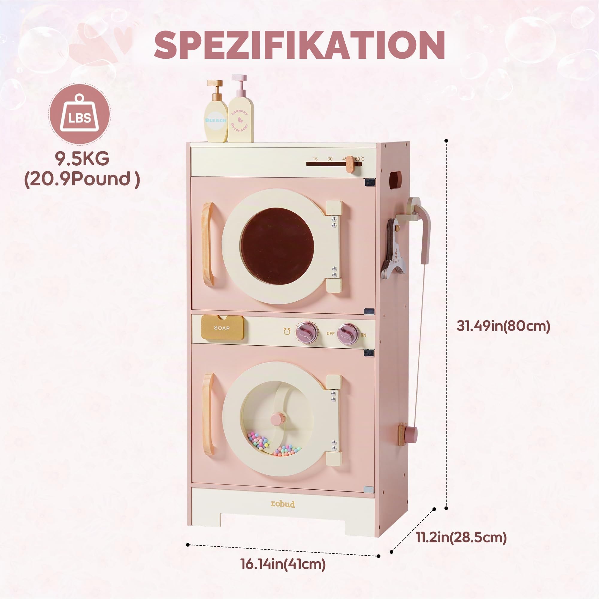ROBUD Kinder Waschmaschine Set aus Holz: Spielküche Spielzeug, 2-in-1 Spielwaschmaschine Trockner Set, Rollenspiel Küchenspielzeug mit Bügeleisen, Kleiderbügel, Seife, Geschenk für Kinder ab 3 Jahren