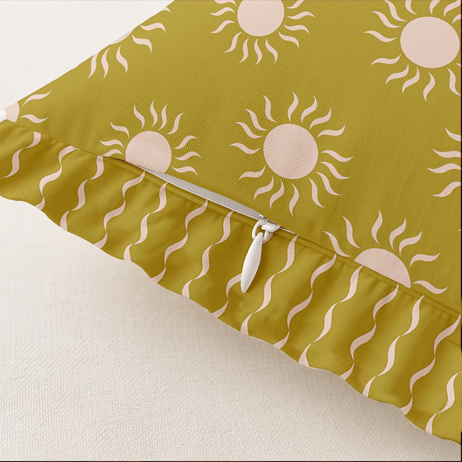 Cotton Twill Frill Cushion Covers 16 Inch Square, Set of 2, Reversible Print, Farmhouse Throw Pillow Covers with Hidden Zipper - Sun Print