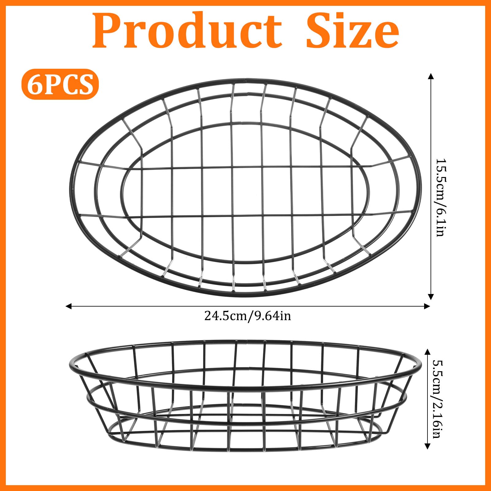 6Pcs Black Wire Bread Baskets for Serving Food, Metal Wire Bread Basket Reusable Metal Dinner Roll Basket 9.5 X 6.2 X 2.2 Inch Fruit Vegetables Baskets Bowl Storage for Kitchen Table Fast Food Burger