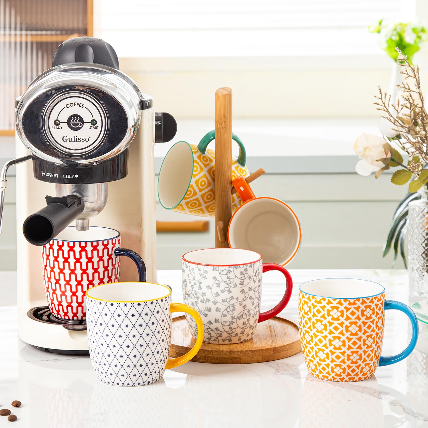 Keramik Kaffeebecher Set - 350 ml große Porzellan Teetassen mit Henkel für Cappuccino Latte Kakao Milch Tee - Weihnachten Housewarming Geschenk - Set von 6 - Bunt