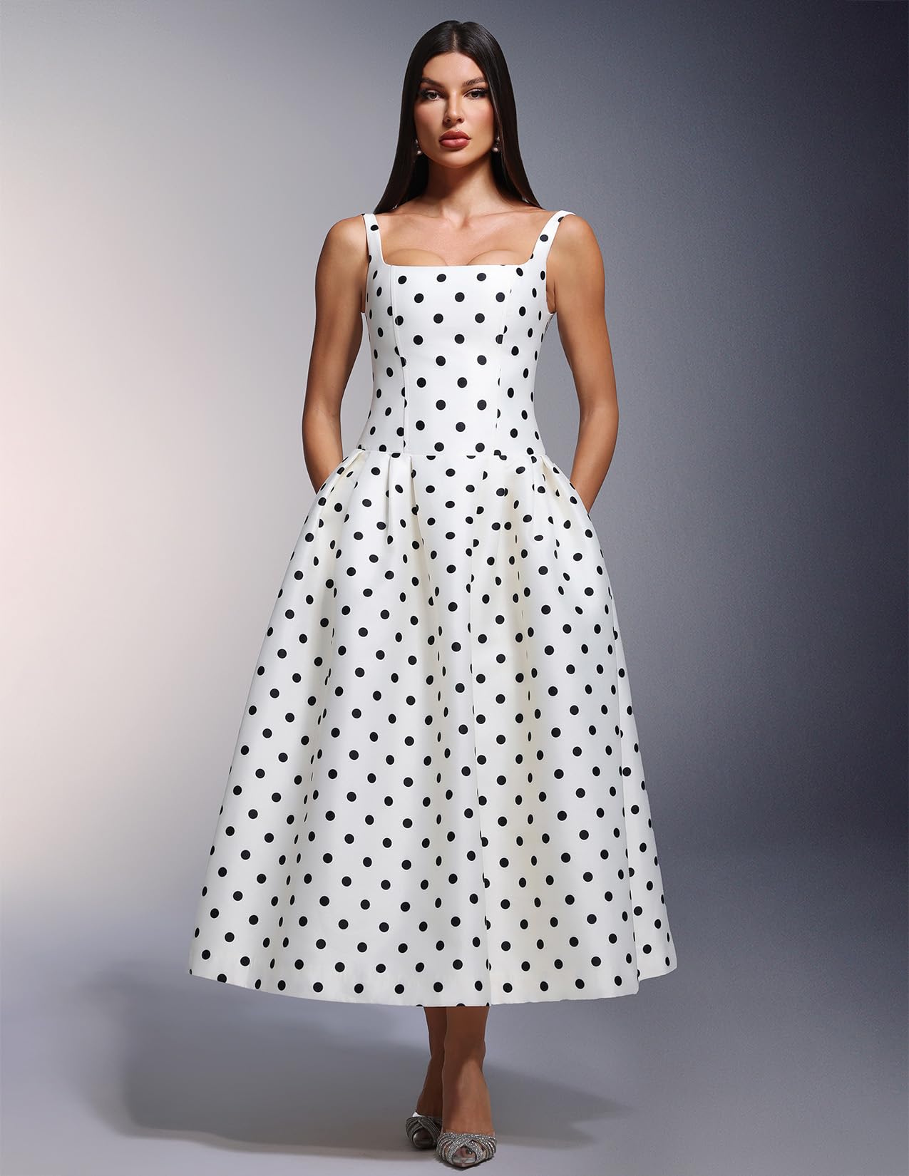 BELLA BARNETT White Spaghetti Strap Satin Polka Dot Dress for Women Maxi Vintage Pleated Prom Homecoming Dress product thumbnail 3