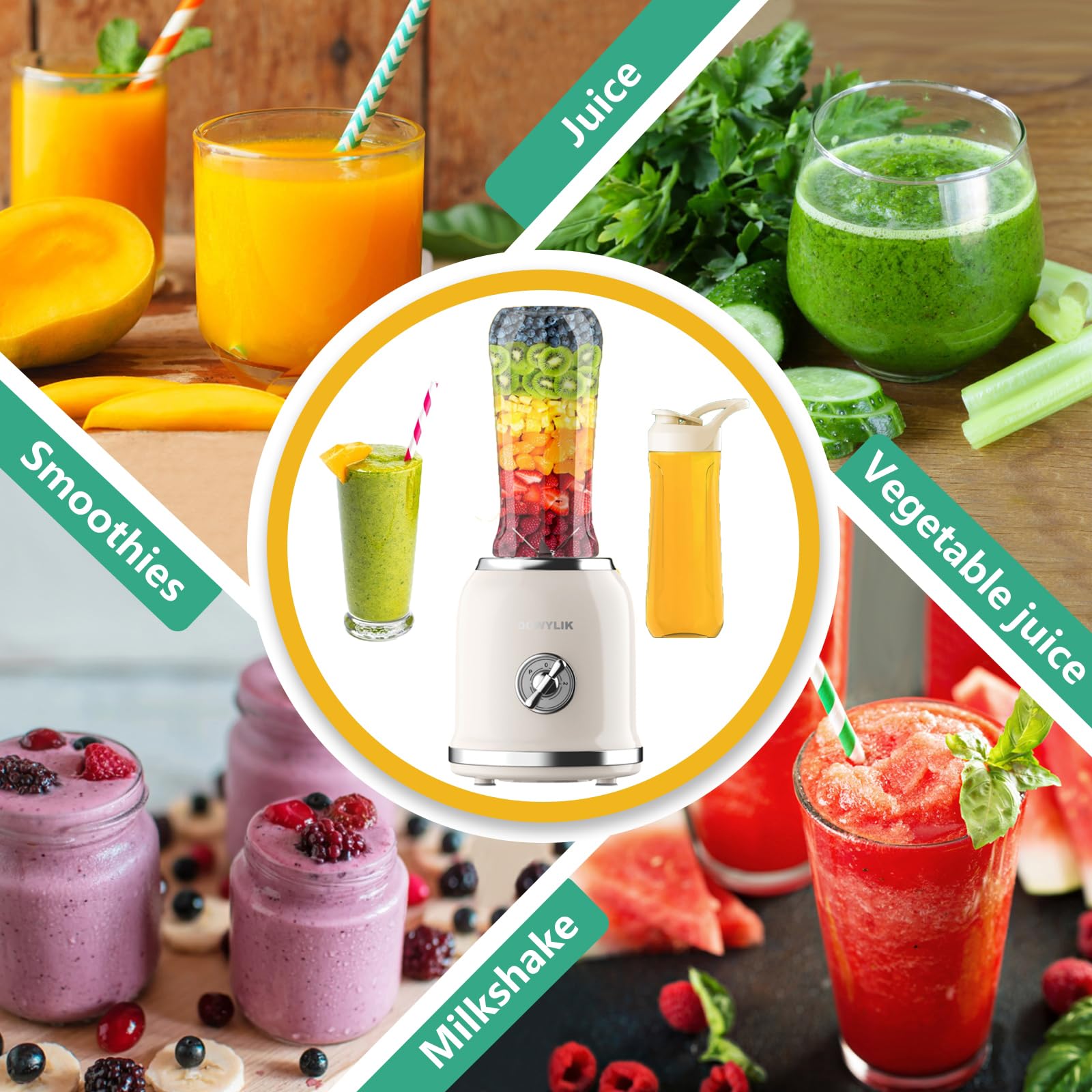 Licuadora personal retro para bebidas de proteínas, licuadora pequeña de 3 velocidades para batidos, fabricante con hoja de 6 bordes y 2 vasos de viaje de 20 onzas sin BPA 4