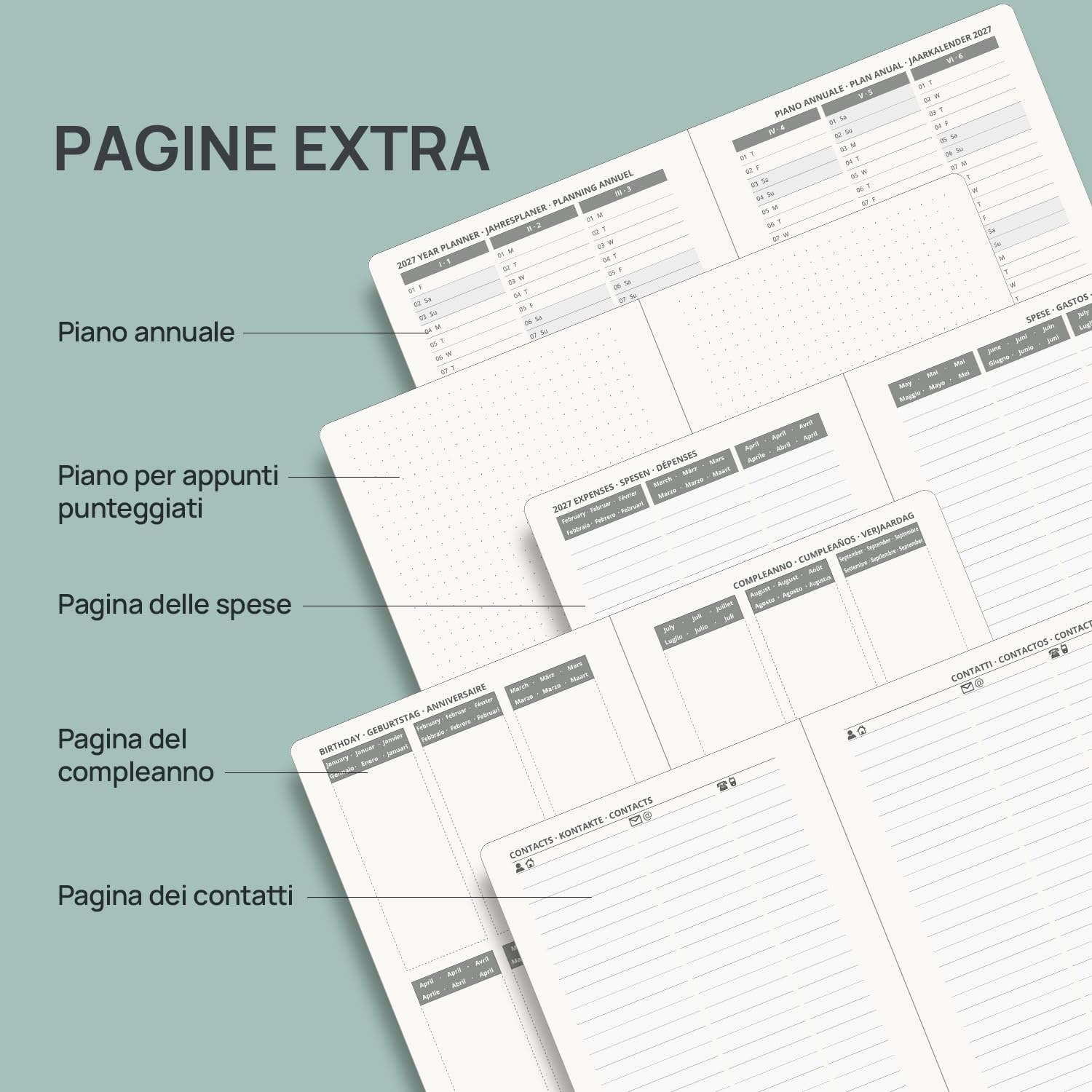 POPRUN Agenda 2026 2027 Giornaliera A5, Daily Planner 21,5 x 14,5 cm 12 Mesi da Ago.2026 a Lug.2027, 1 Giorno 1 Pagina da Lun a Dom con Schede Mensili, Carta Spessa da 80 GSM, Verde Pacifico