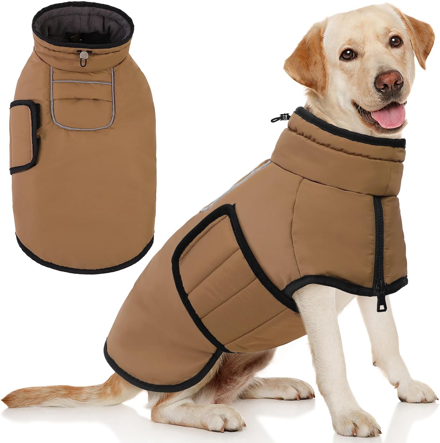 AOFITEE Dog Coat - Waterproof Dog Jacket with Harness Hole & High Collar, Warm Fleece Snow Jacket, Reflective for Small, Medium, Large Dogs - Black XL