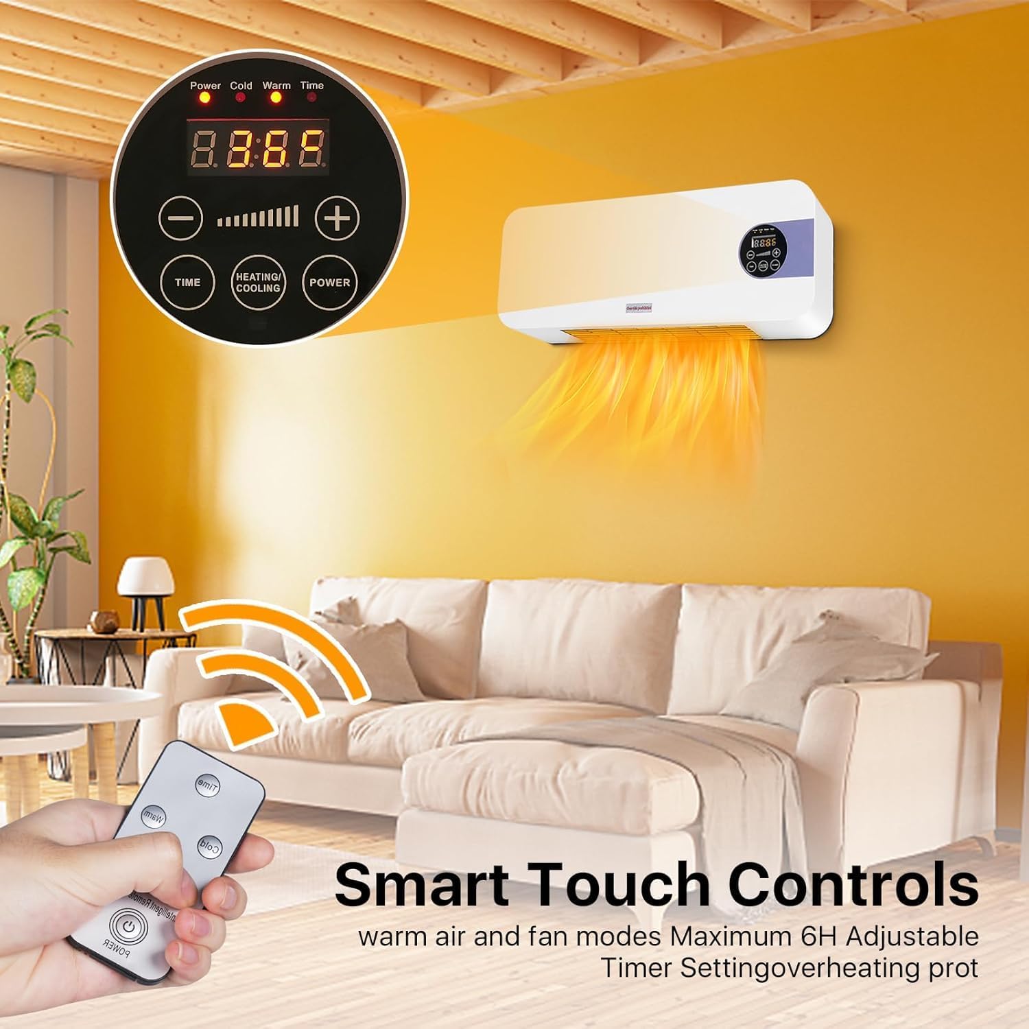 Wall Mounted Heater 1500W PTC Ceramic Electric Space Heater with Remote, LED Display, Adjustable Thermostat, Overheat Protection, Timer, Low Noise Heater for Bedroom, Office, Large Room Indoor Use