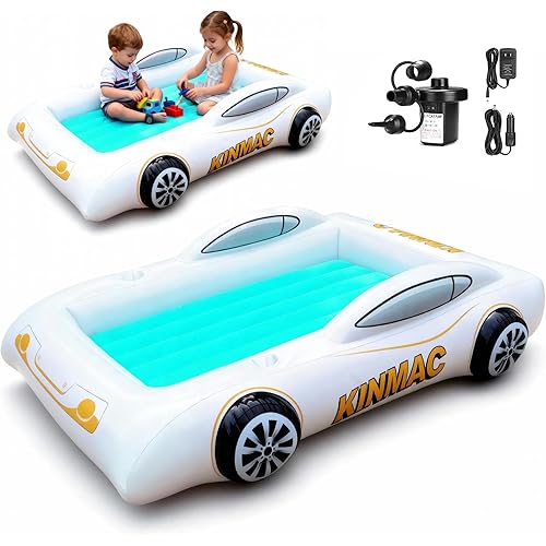 KINMAC Inflatable Toddler Travel Bed- Portable Travel Toddler Air Bed for Kids Camping Air Mattress Racecar Toddler Bed with Sides Blow Up Mattress Sleeping Pad for Camping Car Travel Sleeping(Green)
