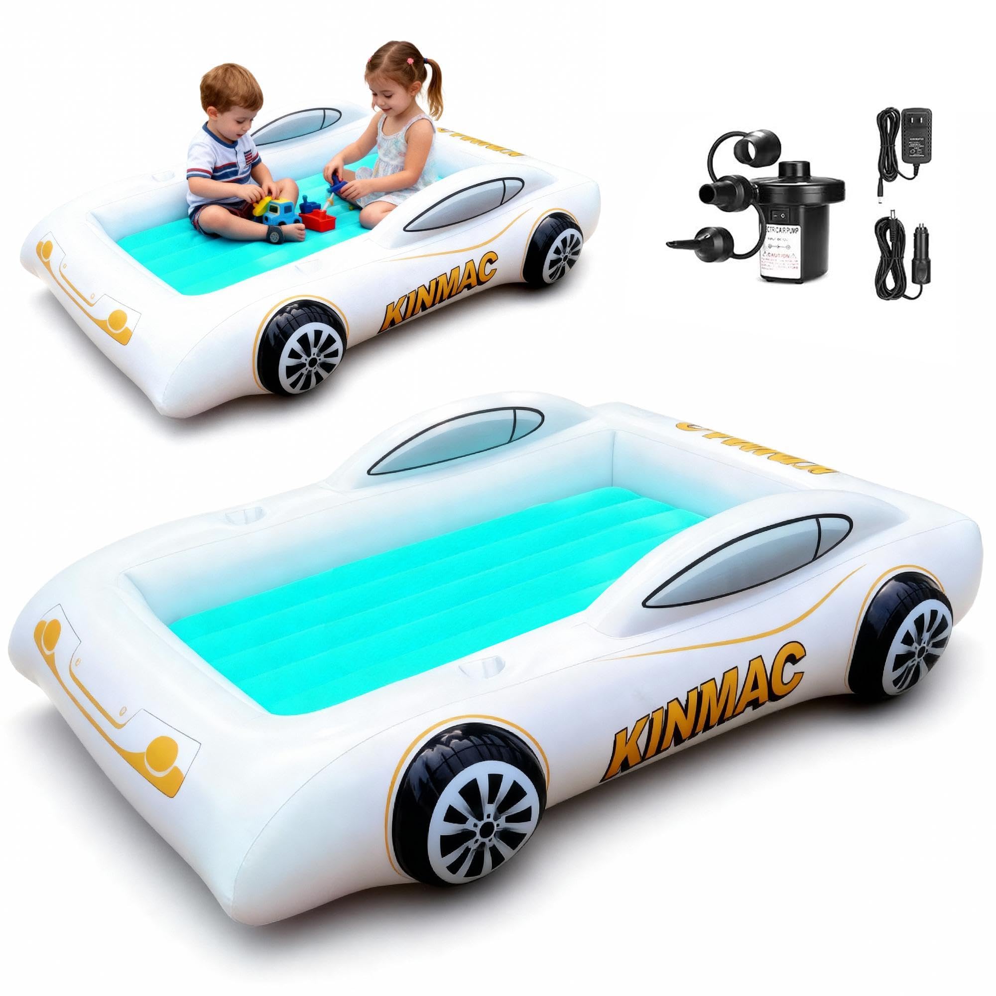 KINMAC Inflatable Toddler Travel Bed- Portable Travel Toddler Air Bed for Kids Camping Air Mattress Racecar Toddler Bed with Sides Blow Up Mattress Sleeping Pad for Camping Car Travel Sleeping(Green)