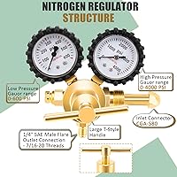 Vista 2 de KAKO Regulador de nitrógeno HVAC con manguera de 60", 0-600PSI, salida de 1/4", entrada CGA580, 0-4000PSI
