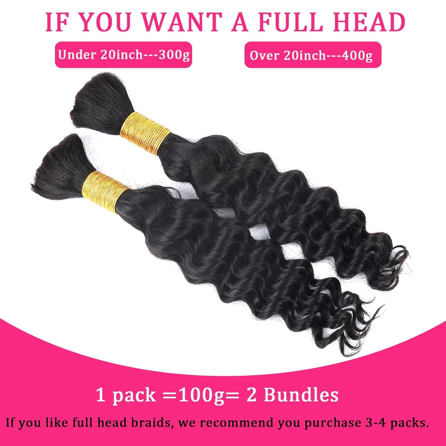 Human Braiding Hair for Boho Braids Human 100g 16 Inch Curly Boho Hair for Braiding Knotless 12A Deep Wave Bulk Bohemian 2 Bundles/Pack Natural Color - Image 2