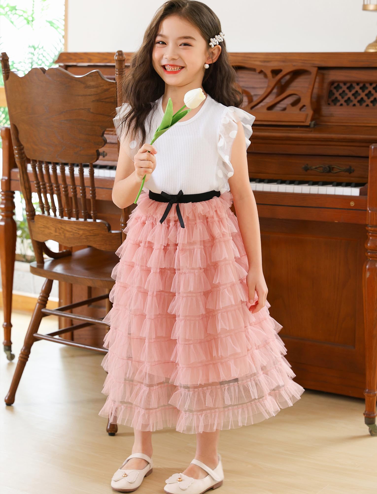 FEOYA Gonna tutù per bambine e ragazze, gonna in rete elasticizzata in vita, gonna in tulle al ginocchio, gonna lunga da principessa, per 4-14 anni