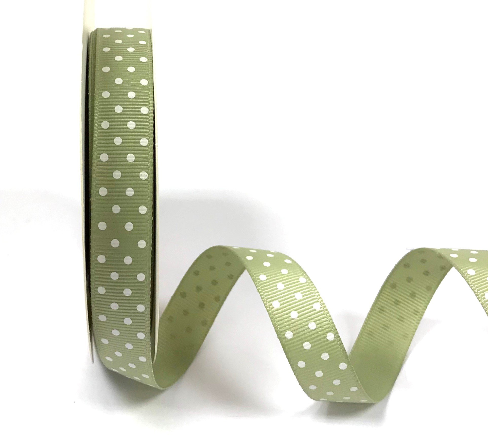 Bertie's Bows Sage Green & White Polka Dot 16mm Grosgrain Ribbon on a 25m Reel