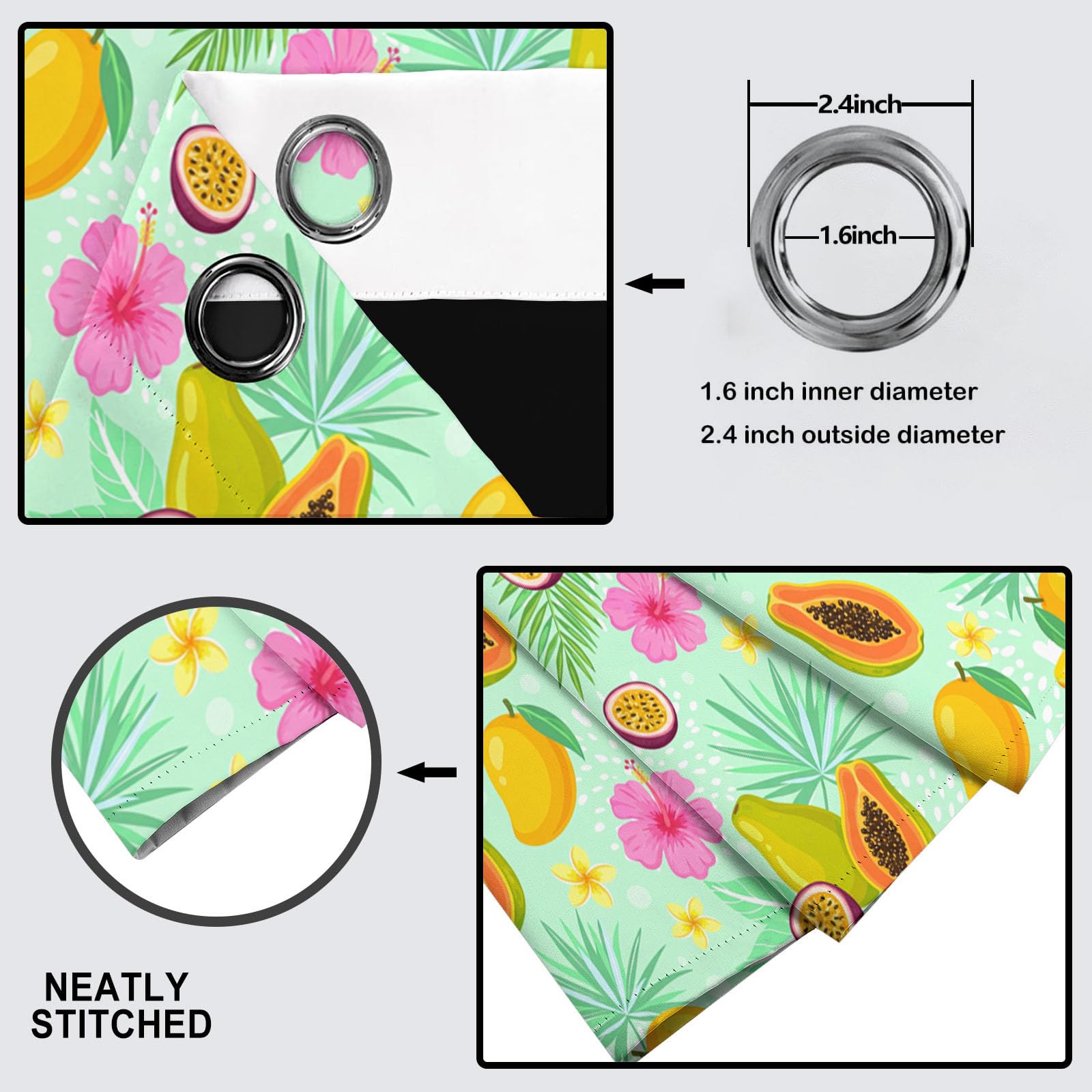 Frutas Tropicales Cortinas Opacas De Diseños Mango Papaya Salon Dormitorio Decoración De La Ventana, 2 Piezas Cortinas Ollaos Verde Claro, Aislantes Frio Y Calo 140An X 245Al Cm