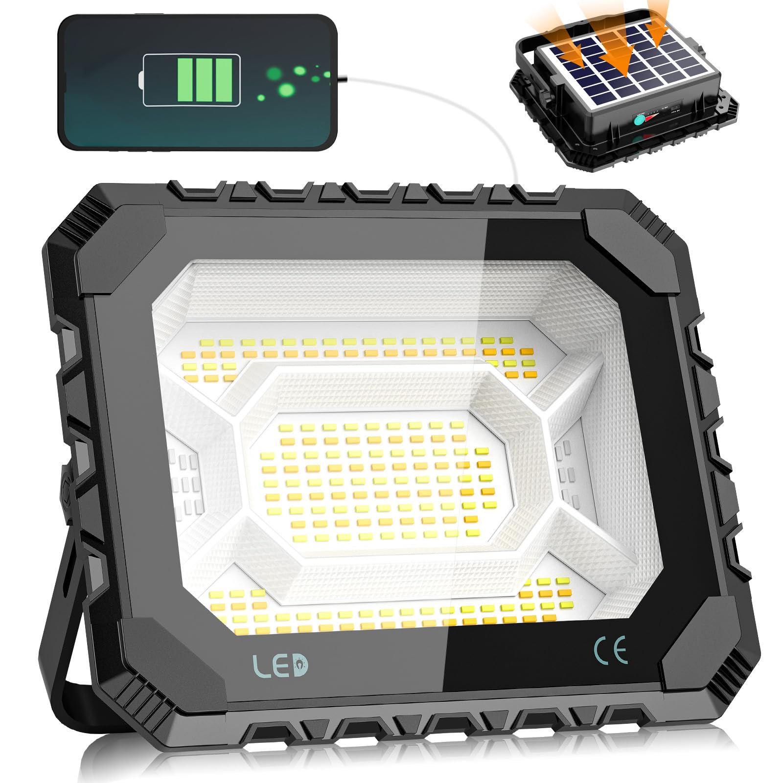 Projecteur LED Rechargeable, Adewalk 100W Projecteur LED Chantier Solaire & Batterie Rechargeable, 12000mAh Lampe Chantier 5 Modes, IP66, Lampe de Travail pour Camping, Pêche, Garage, Atelier