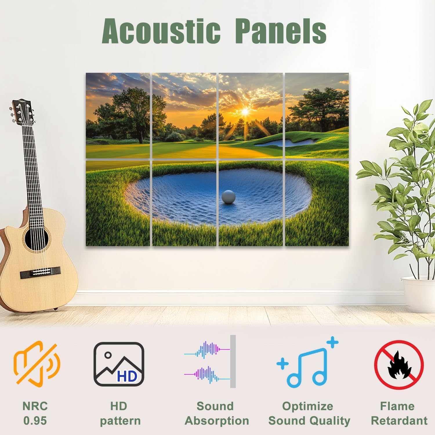 8 Pack Art Acoustic Panels Sound Absorbing Course Landscape Sunset Golfing Sport Sand Sun Trees Realistic Decorative Soundproof Wall Panels Self Adhesive for Recording Studios Office 48"x32"